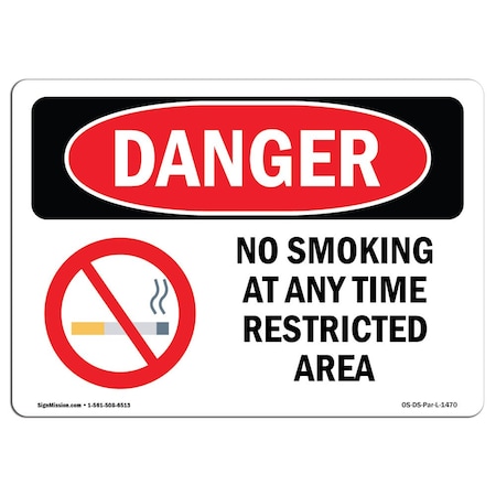 Signmission OSHA Danger, No Smoking Any Time Restricted Area, 18in X 12in Rigid Plastic, 12" W, 18" L, Landscape OS-DS-P-1218-L-1470